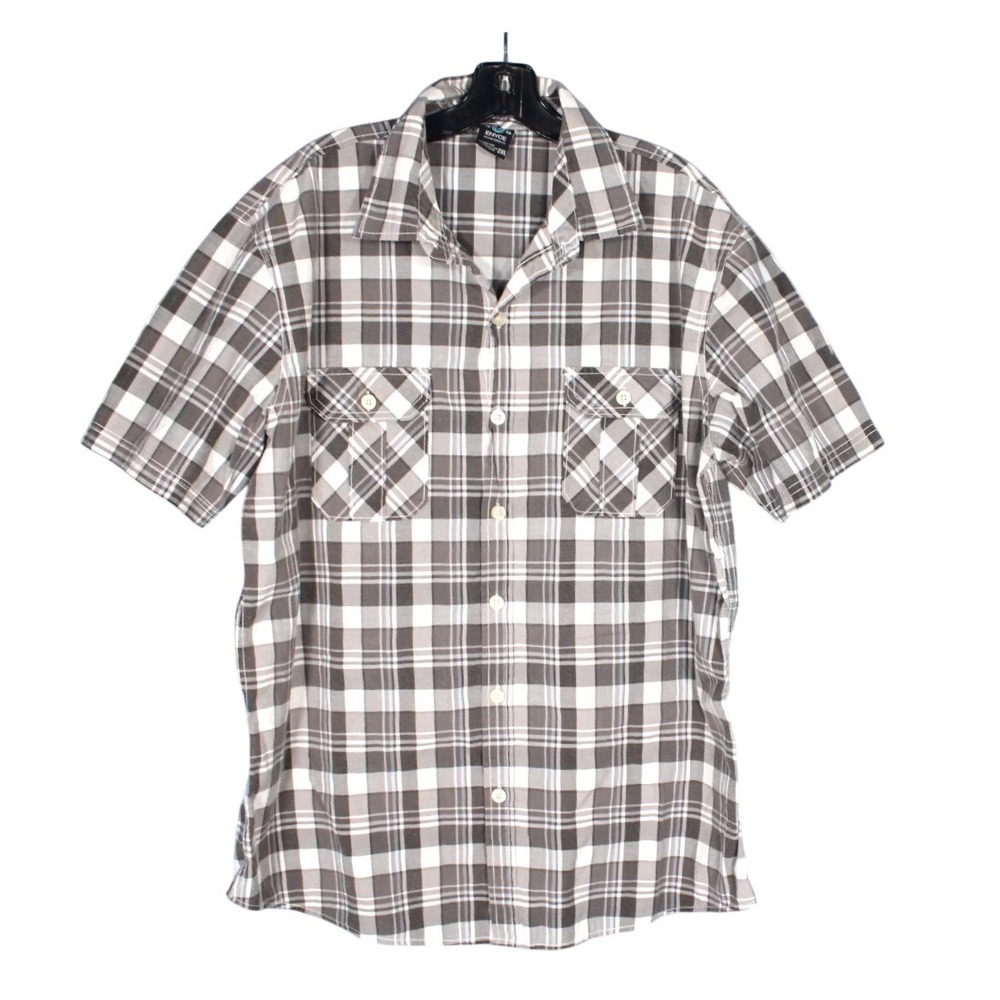ENYCE Men's GRAY/BLUE PLAID Pockets BUTTON-UP Short Sleeve TWILL Shirt Sz 2XL